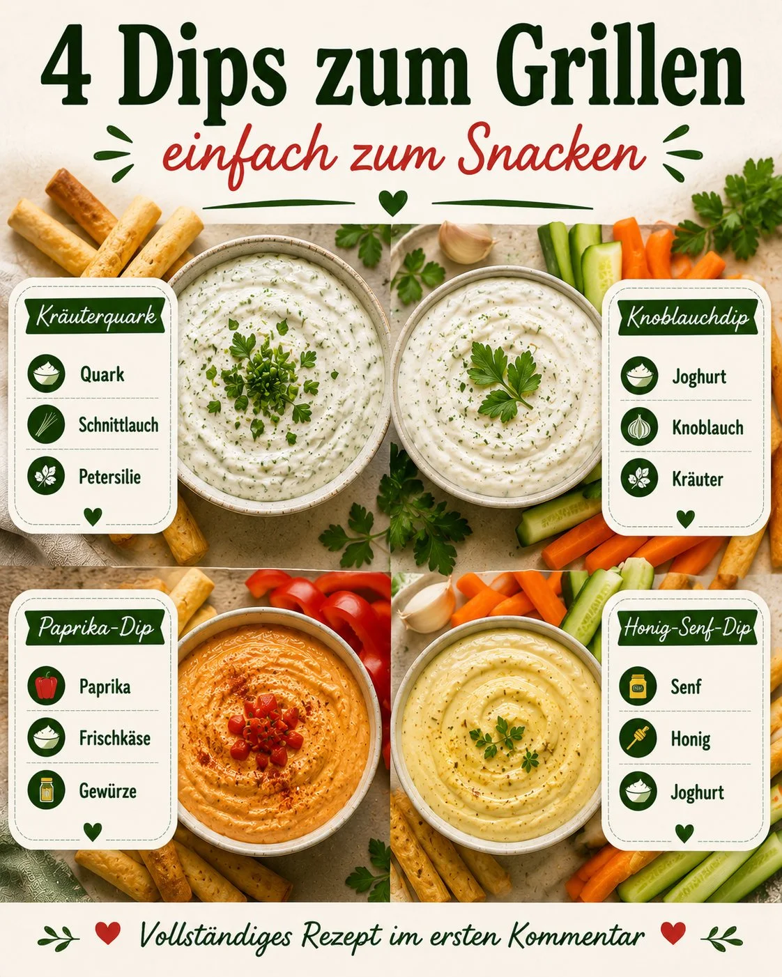 Verschiedene Dips zum Grillen und Snacken auf einem Tisch