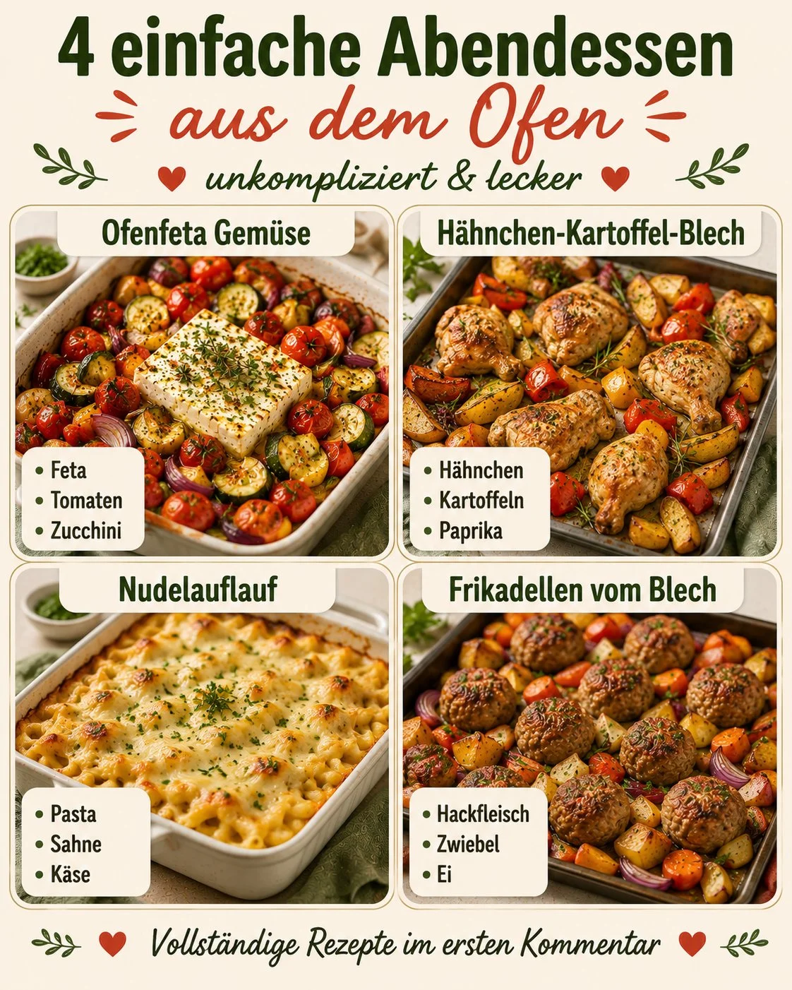 Verschiedene Gerichte für ein einfaches Ofen Abendessen