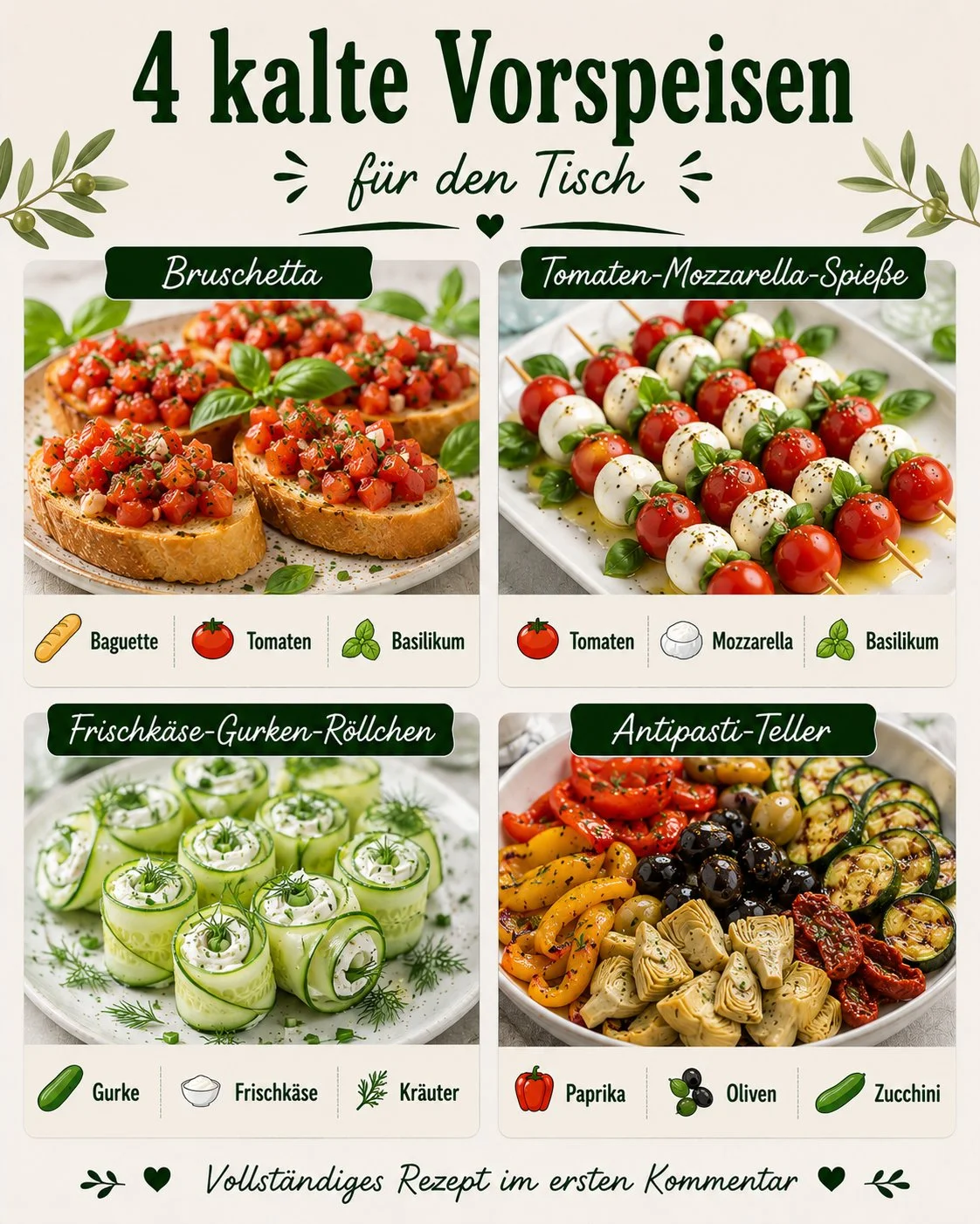 Verschiedene kalte Vorspeisen auf einem dekorierten Tisch.