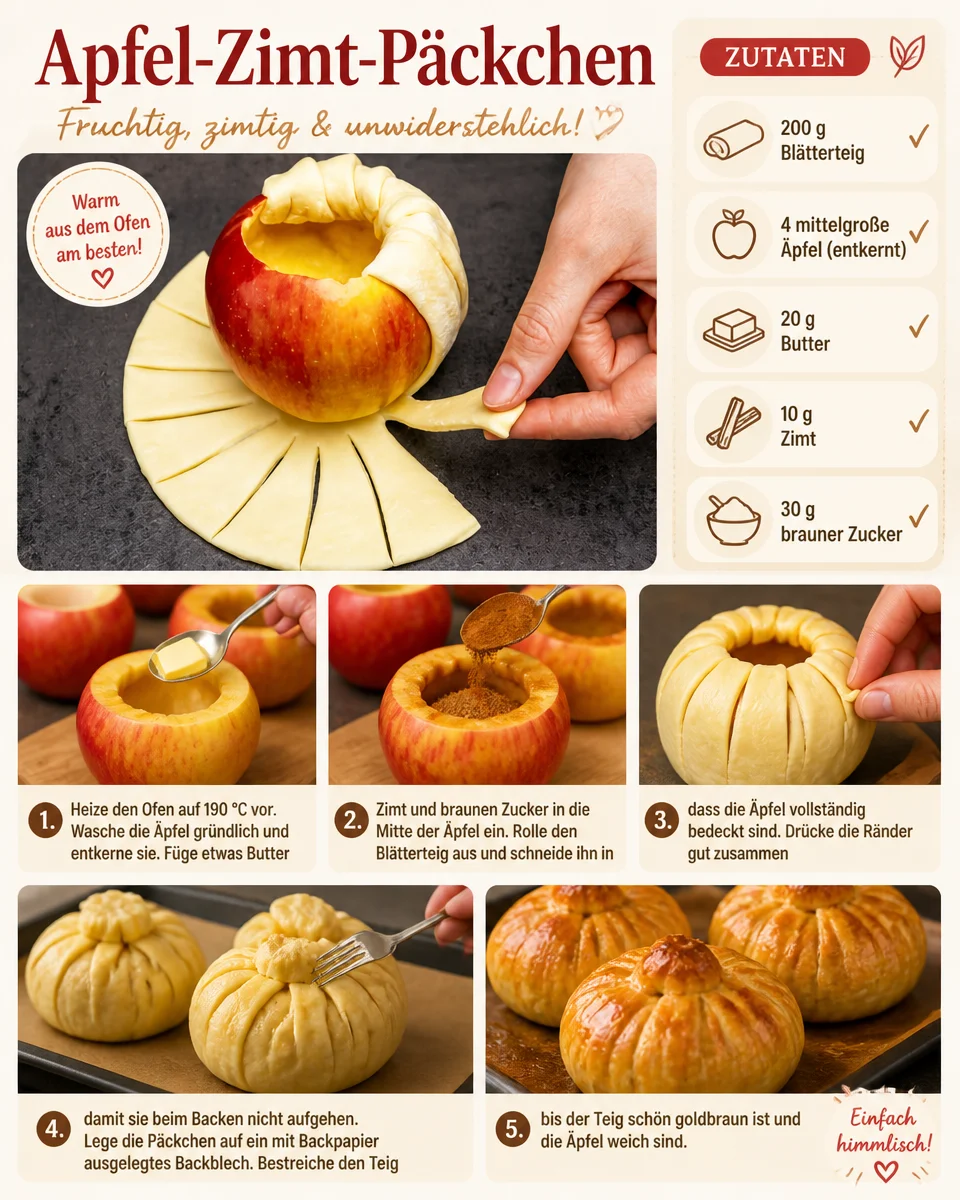 Leckere Apfel-Zimt-Päckchen frisch aus dem Ofen, perfekt für den Genuss.