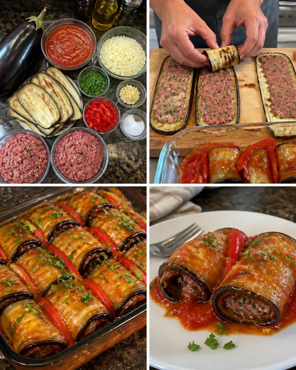 Leckere Auberginenrollen auf einem Teller serviert, ideal für das Abendessen.