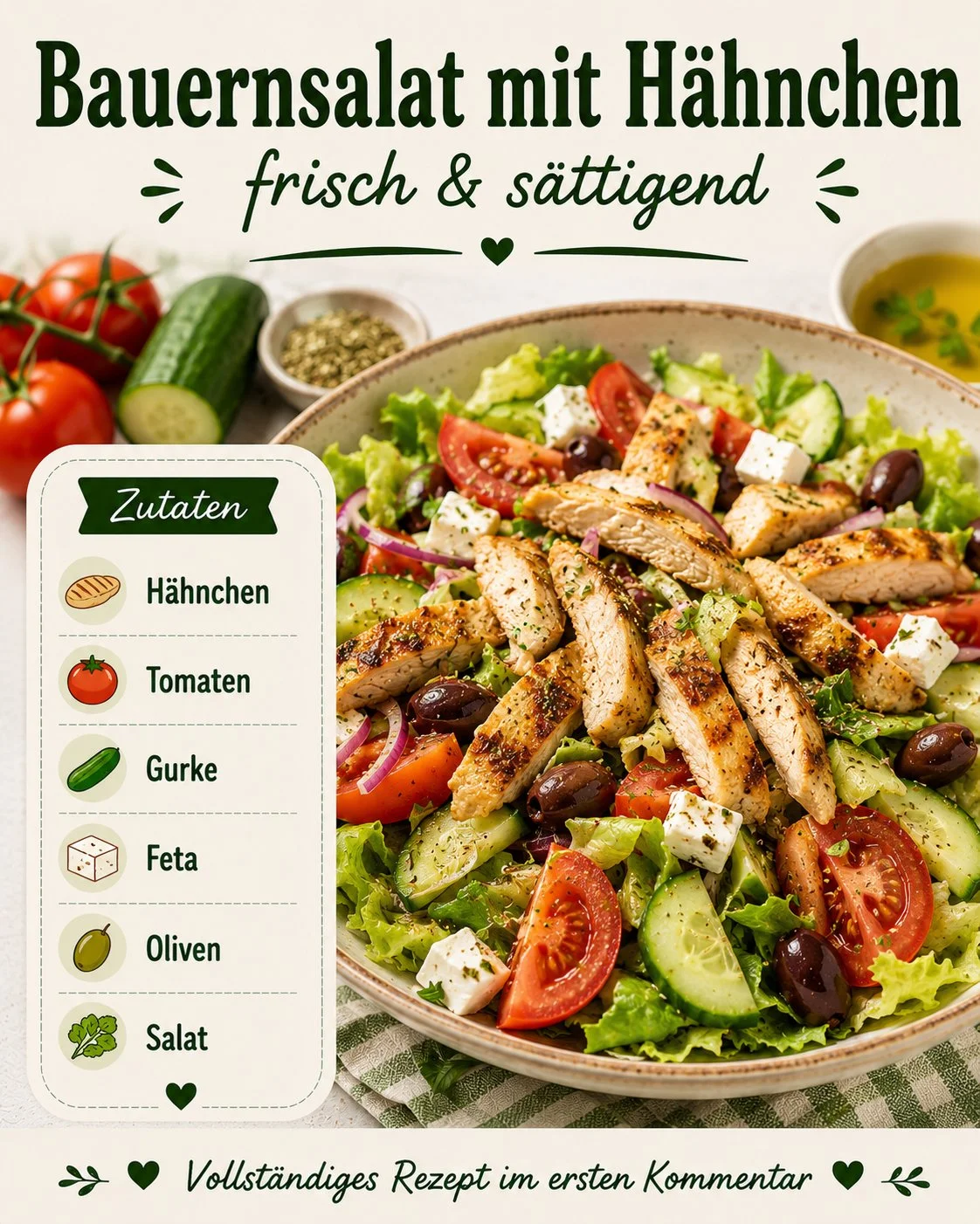 Bauernsalat mit Hähnchen und Feta auf einem Teller angerichtet