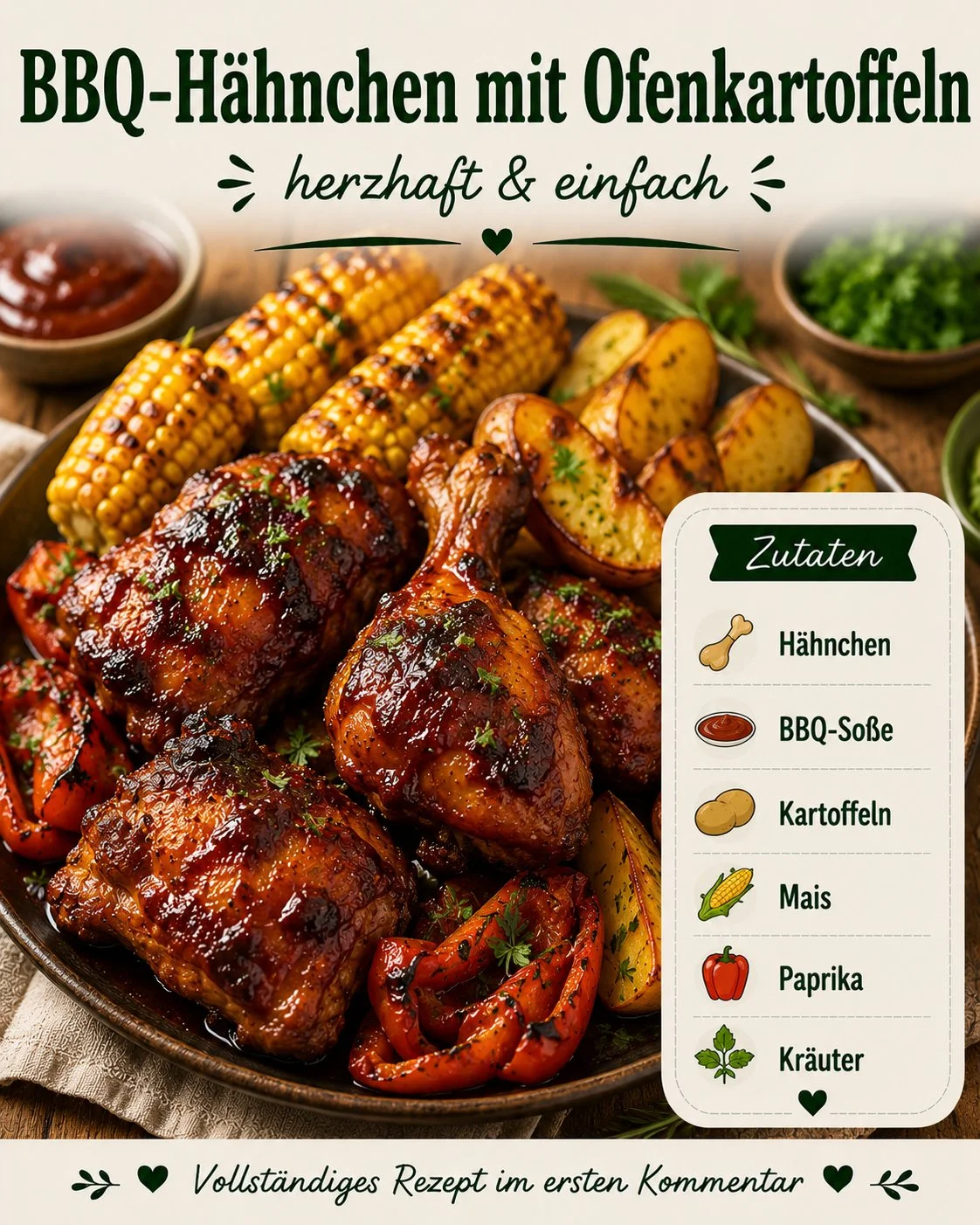 BBQ-Hähnchen mit Mais und Ofenkartoffeln auf einem Grillteller serviert