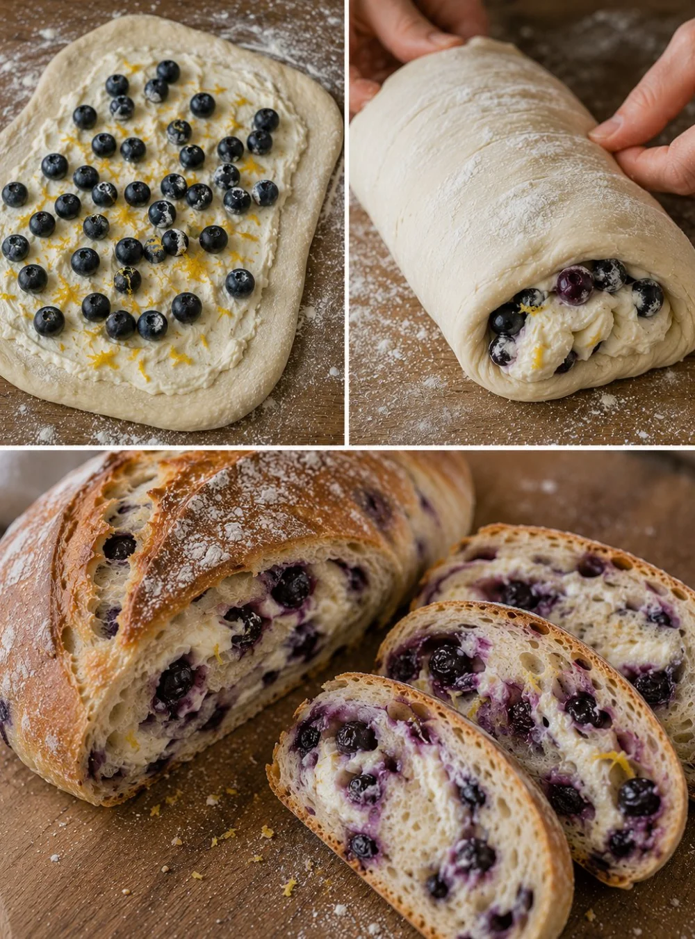 Blaubeer Zitronen Sauerteigbrot mit Cream Cheese auf einem Holzbrett