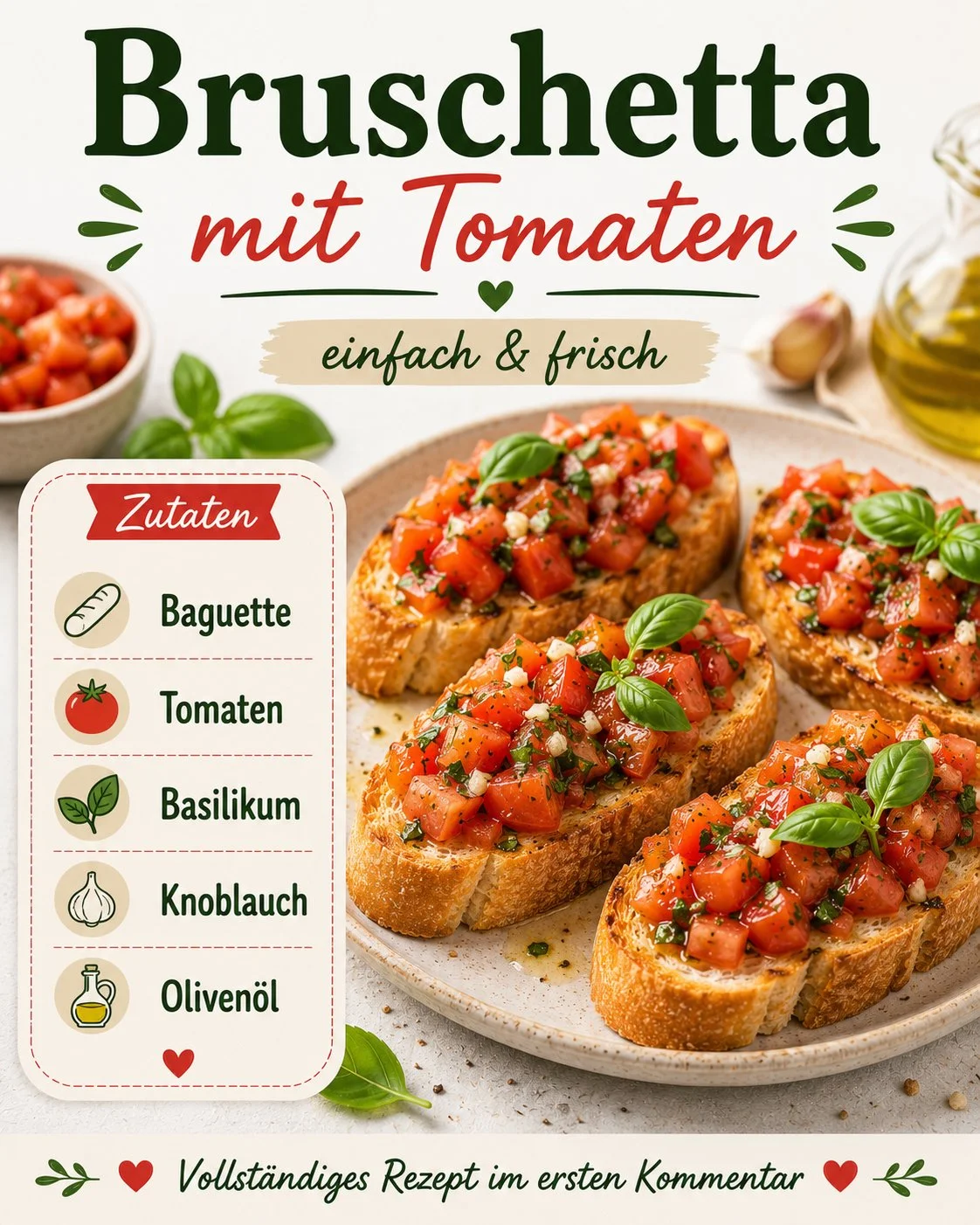 Leckere Bruschetta mit Tomaten und frischem Basilikum auf geröstetem Brot