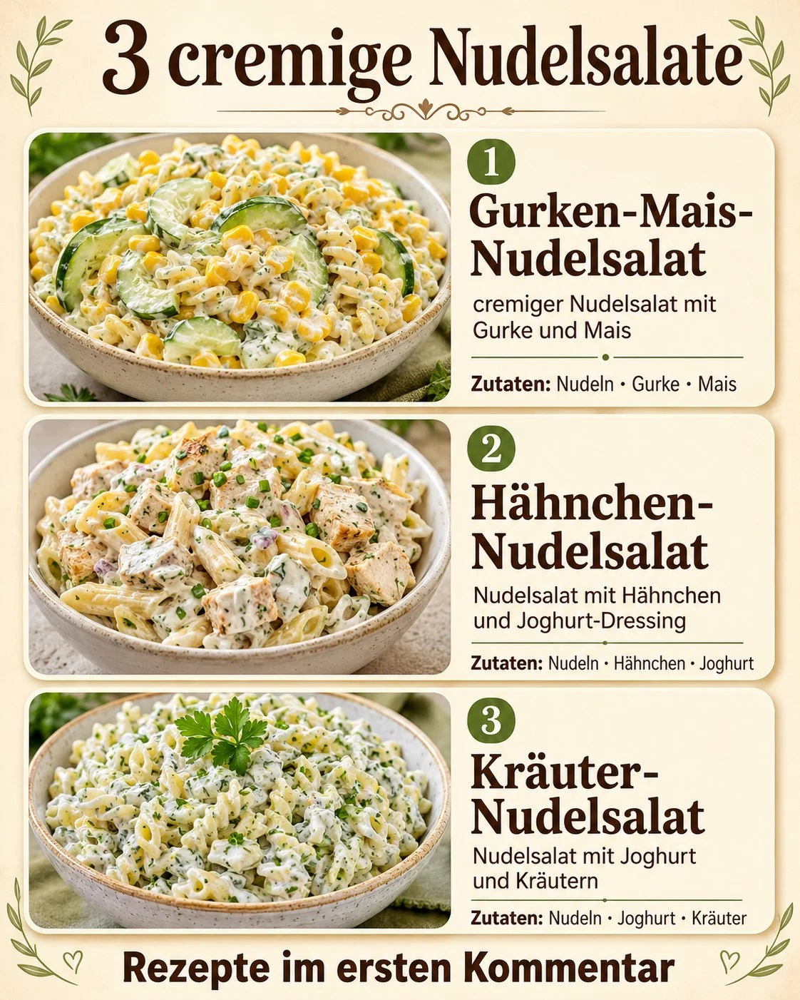 Cremige Nudelsalate mit Joghurt in einer Schüssel serviert