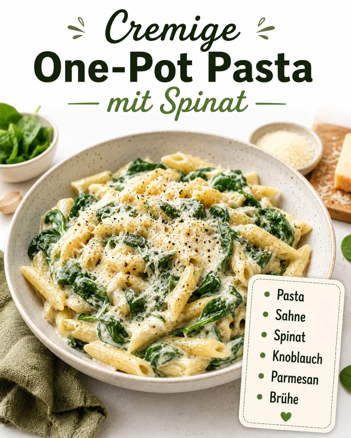 Cremige One-Pot-Pasta mit Spinat und Parmesan in einer Pfanne zubereitet.