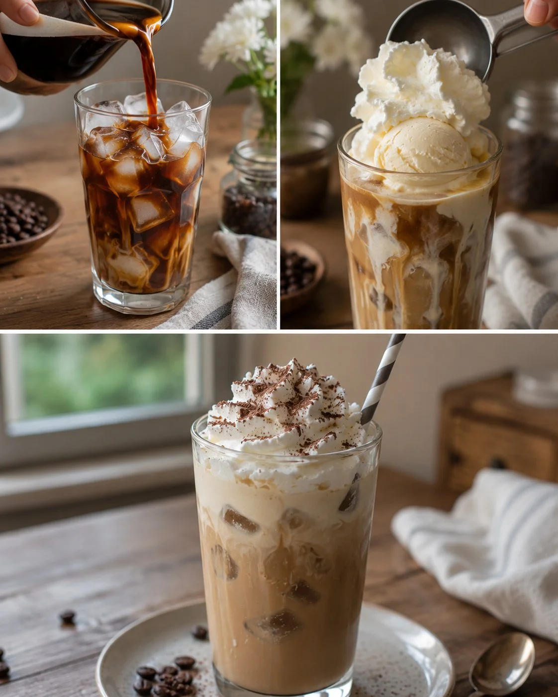 Cremiger Eiskaffee mit Vanilleeis in einem Glas serviert