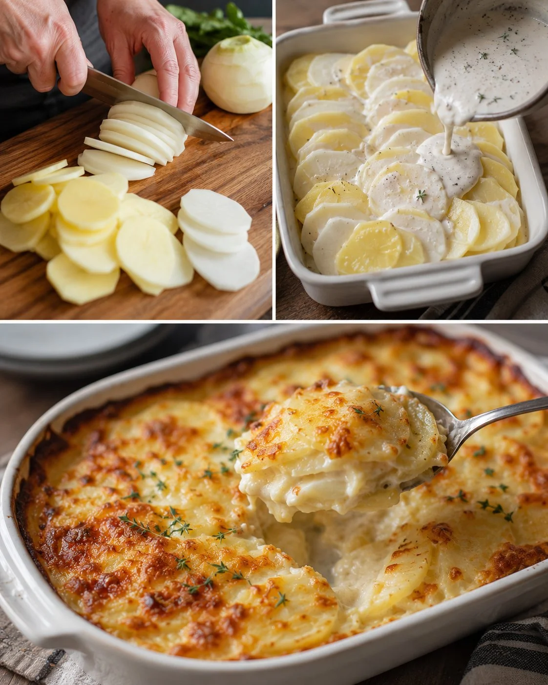 Cremiger Kohlrabi-Kartoffel-Auflauf mit Käse und Kräutern frisch aus dem Ofen