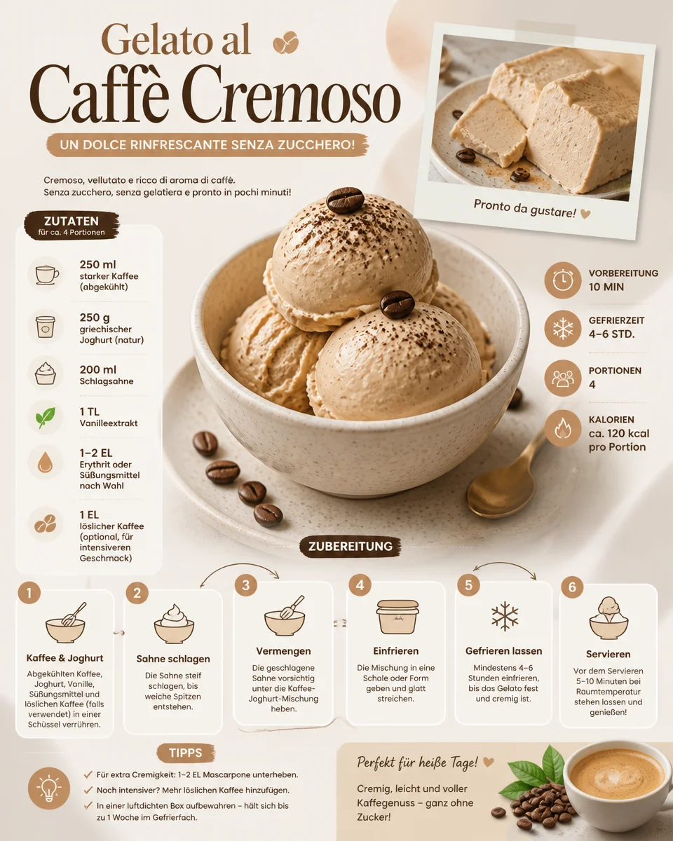 Cremiges, zuckerfreies Kaffee Gelato in einer Schale serviert