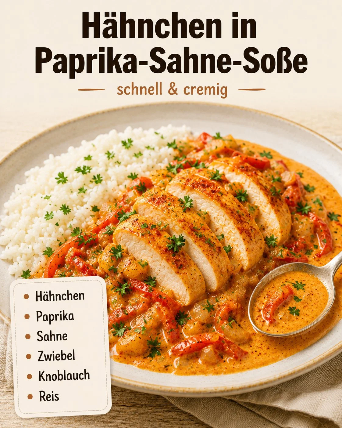 Cremiges Paprika-Sahne-Hähnchen mit Reis auf einem Teller angerichtet