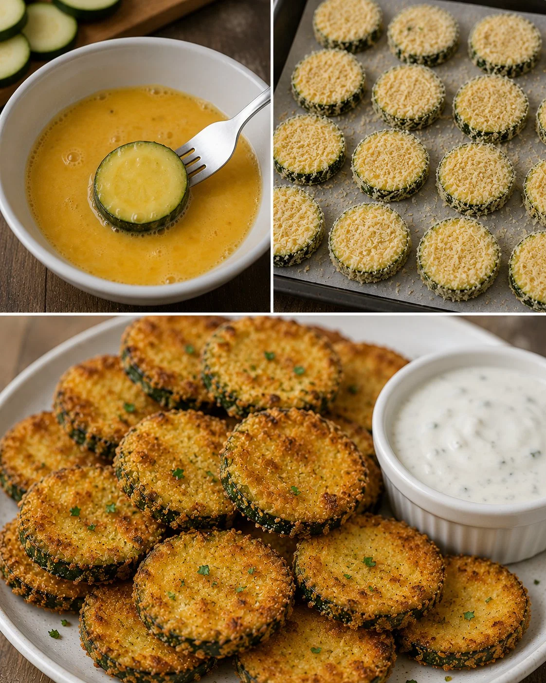 Knusprige Zucchini in einer Schale mit Dip