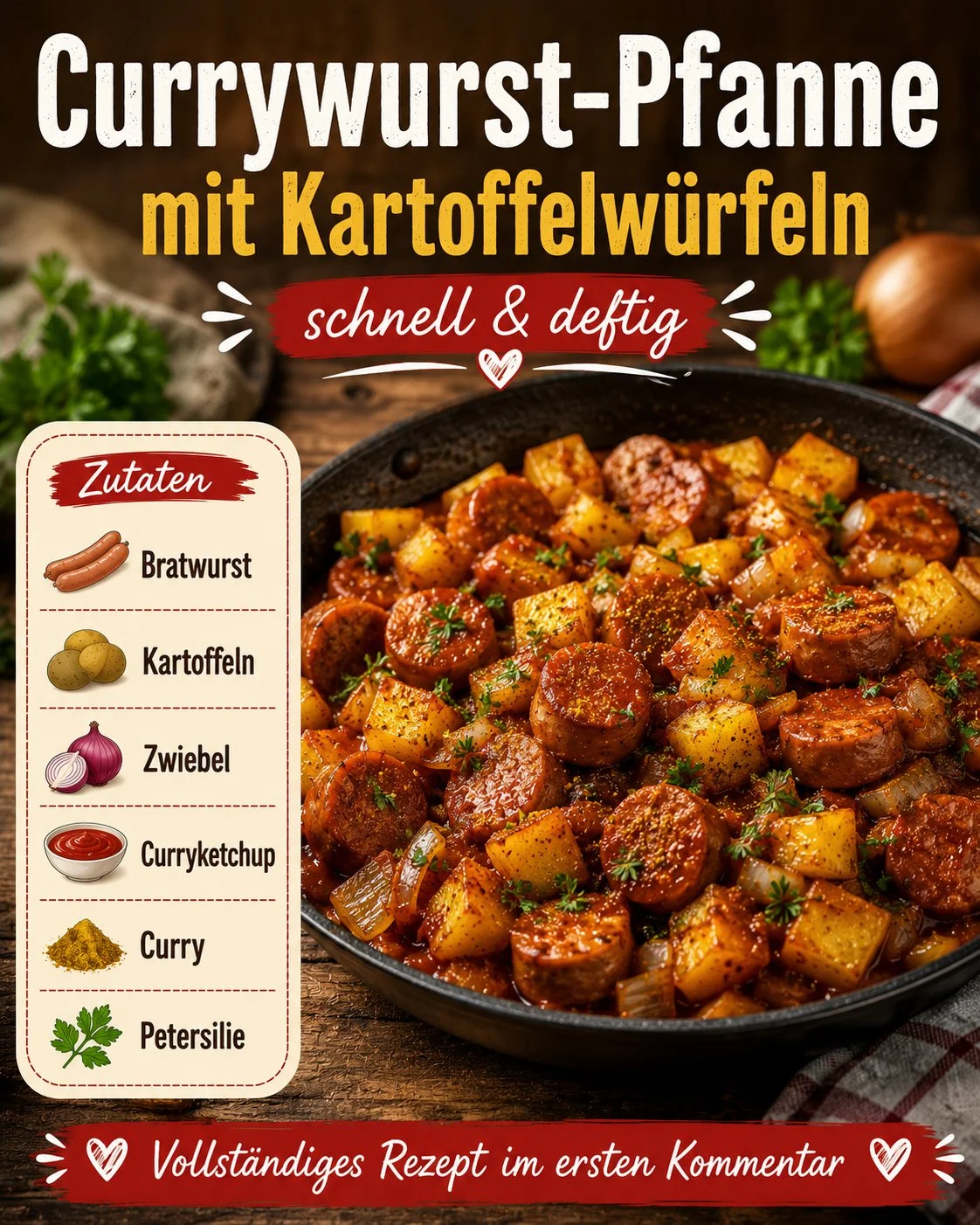 Currywurstpfanne mit Kartoffelwürfeln auf einem Teller serviert