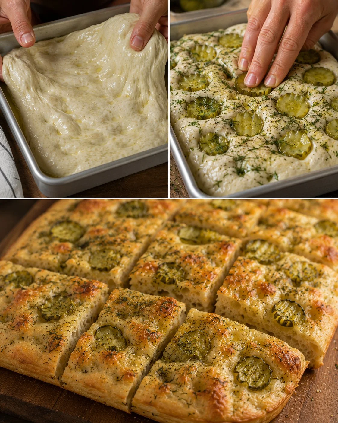 Dill Pickle Focaccia Brot frisch gebacken mit Dillgurkengeschmack