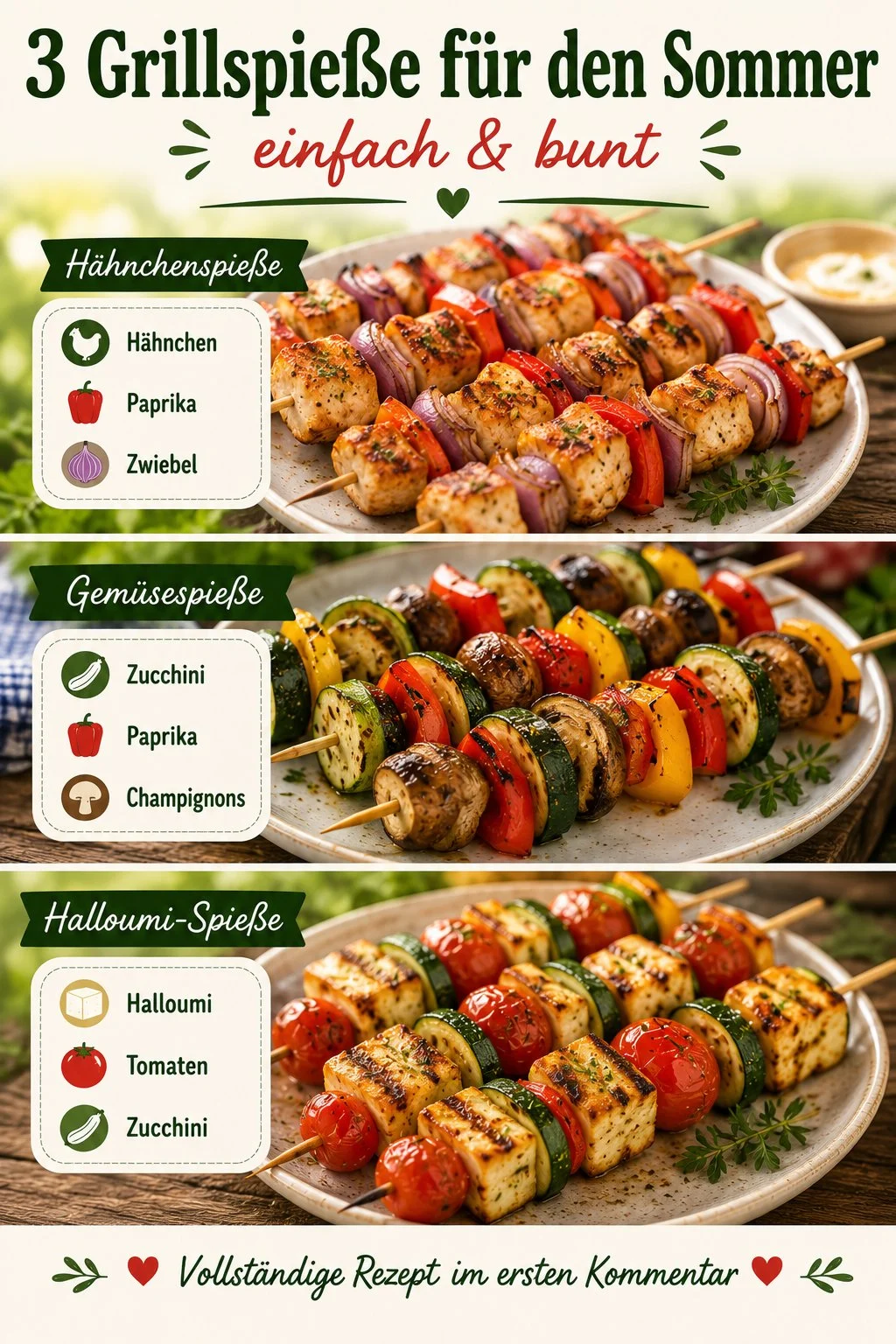Leckere Grillspieße für den Sommer auf einem Grill serviert.