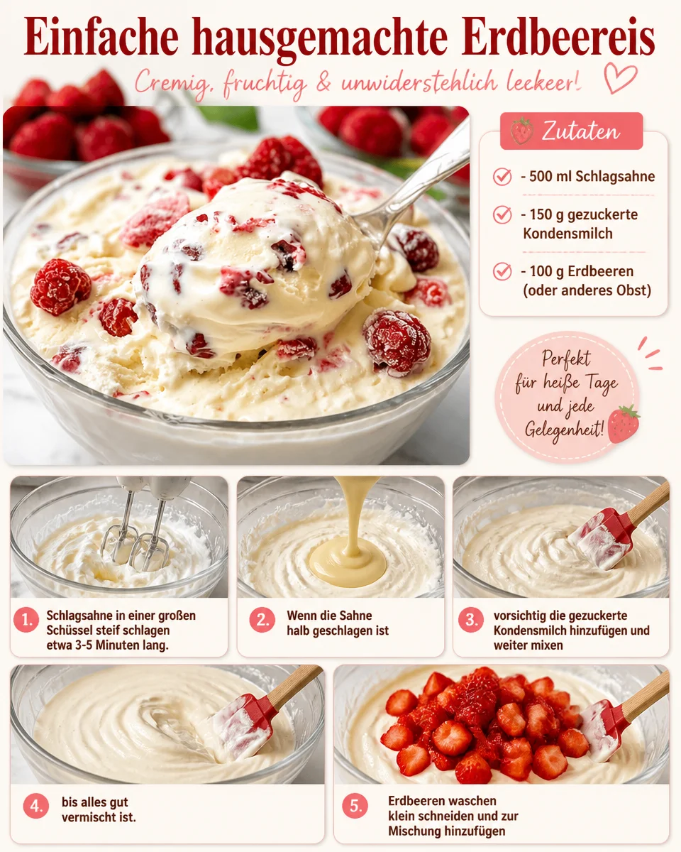Hausgemachtes Erdbeereis aus frischen Erdbeeren, cremig und lecker