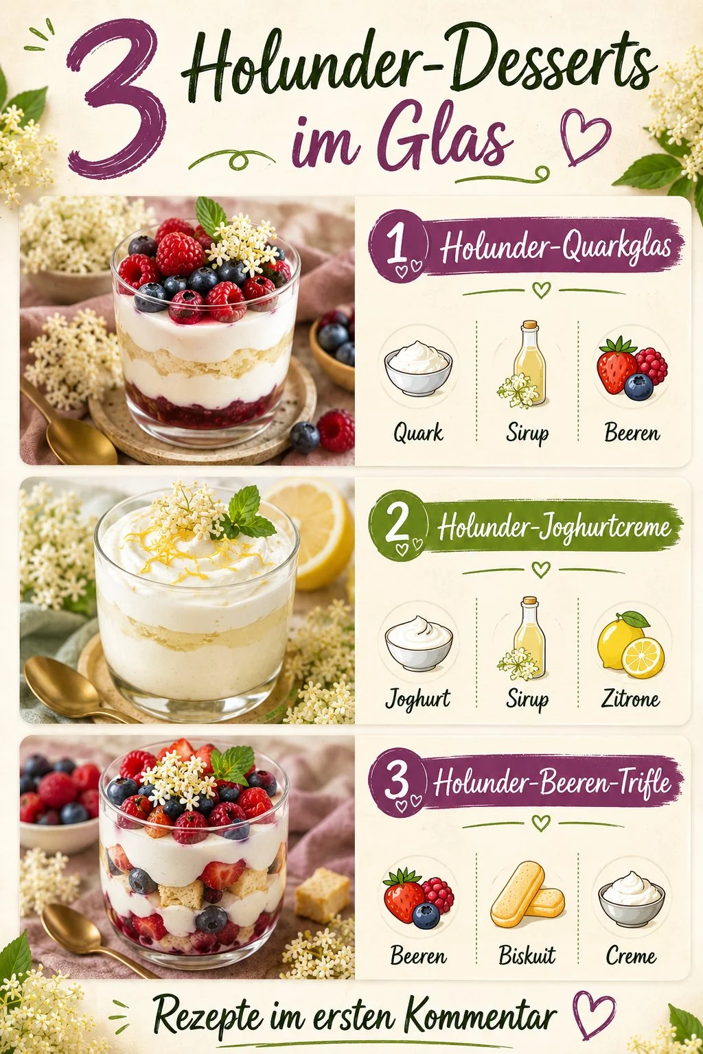 Einfache Holunderblüten-Desserts im Glas, sommerliche Nachspeise