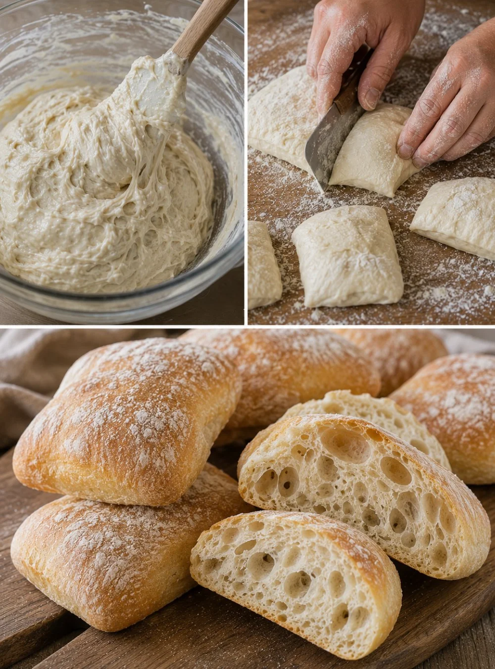 Einfache Ciabatta-Brötchen frisch aus dem Ofen, in einer rustikalen Backumgebung.