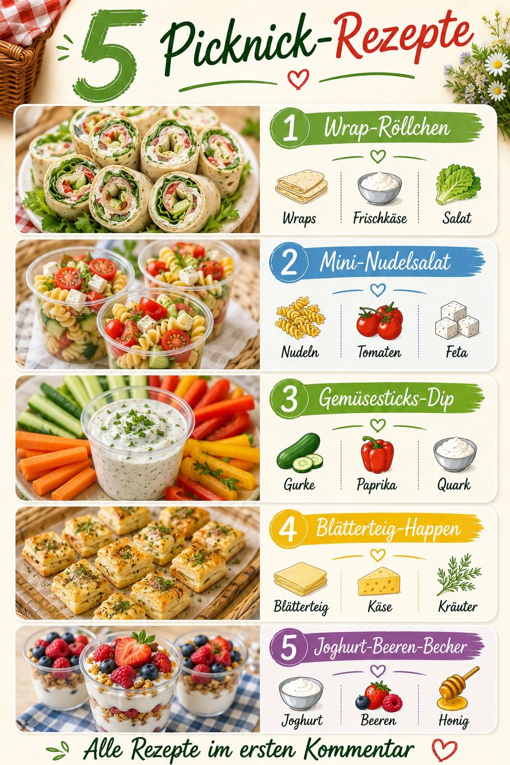 Einfache Picknick-Rezepte für warme Tage mit frischen Zutaten.