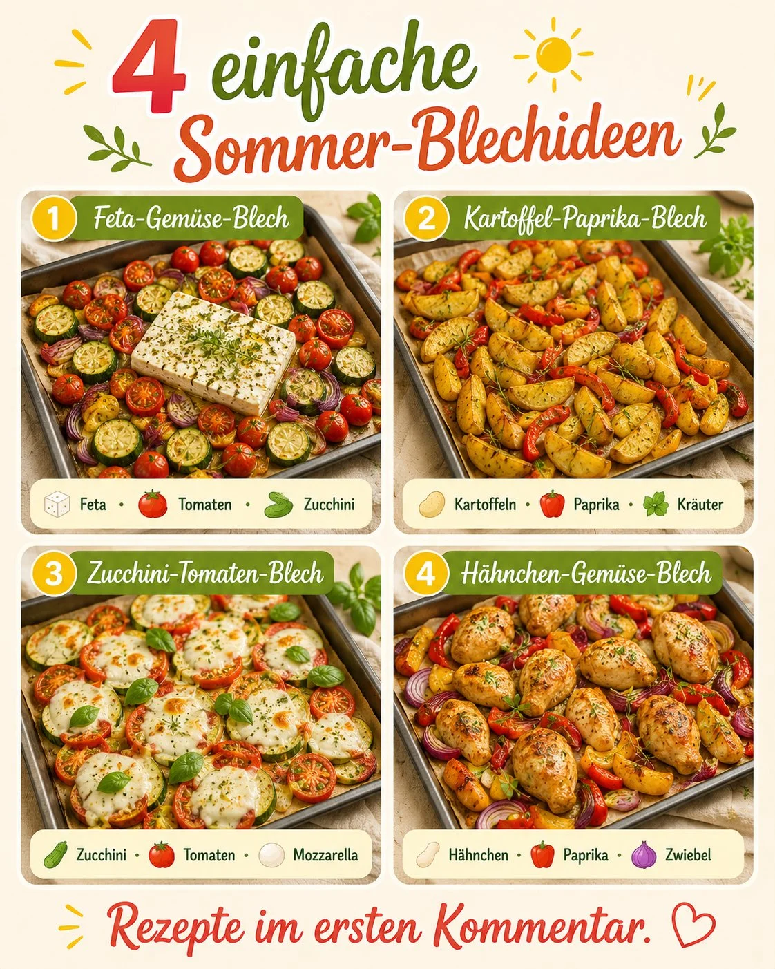 Schnelle Gerichte mit einfachen Sommer-Blechideen auf einem Blech gebacken.