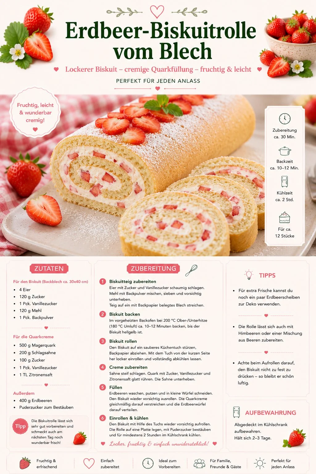 Leckere Erdbeer-Biskuitrolle vom Blech mit Quarkcreme und Erdbeeren