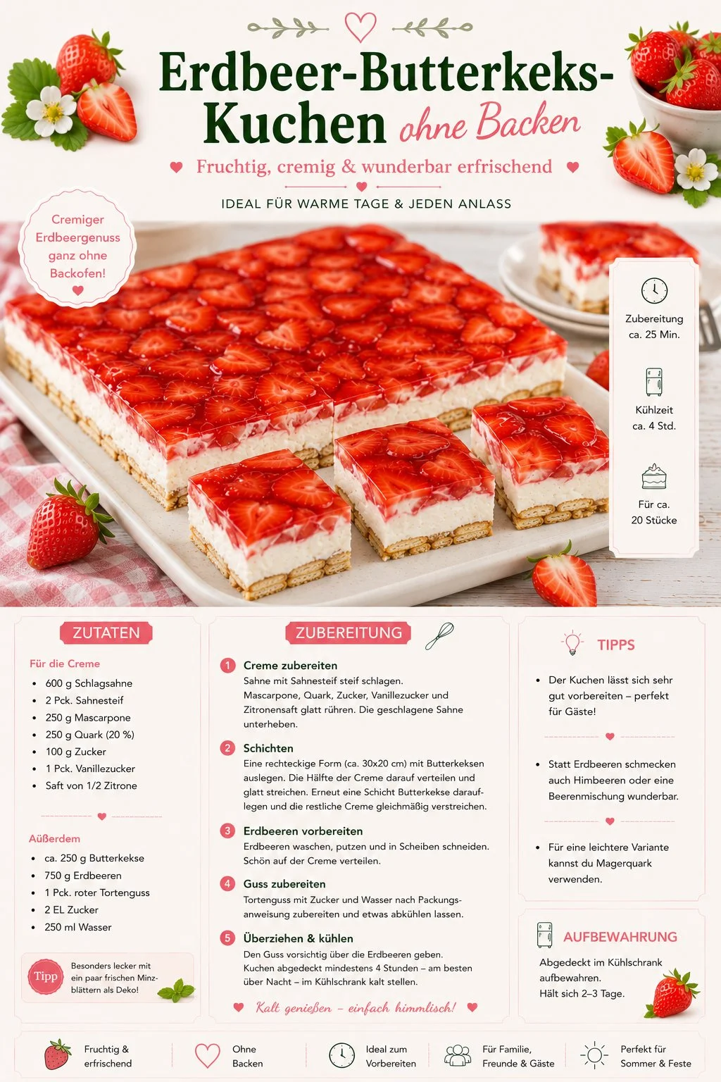 Erdbeer-Butterkeks-Blechkuchen ohne Backen, köstliches Dessert für jeden Anlass