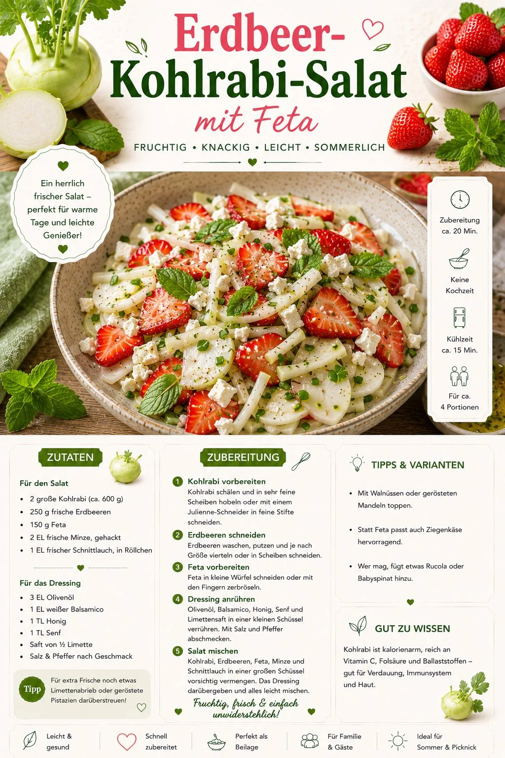 Erdbeer-Kohlrabi-Salat mit Feta in einer bunten Schüssel