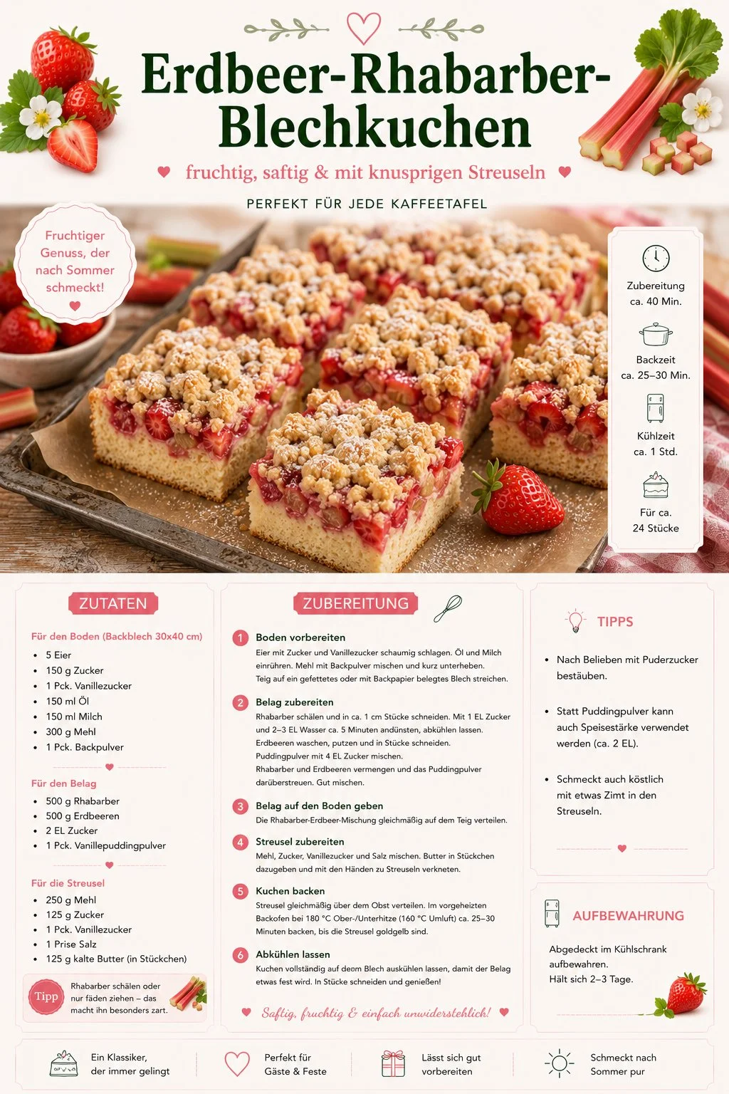 Erdbeer-Rhabarber-Blechkuchen mit Streuseln auf einem Blech