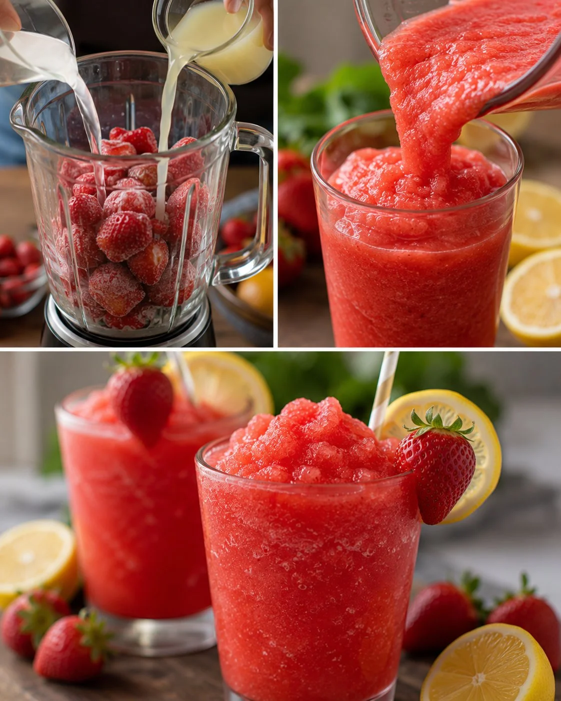 Selbstgemachter Erdbeer-Slushie in einem Glas mit frischen Erdbeeren.