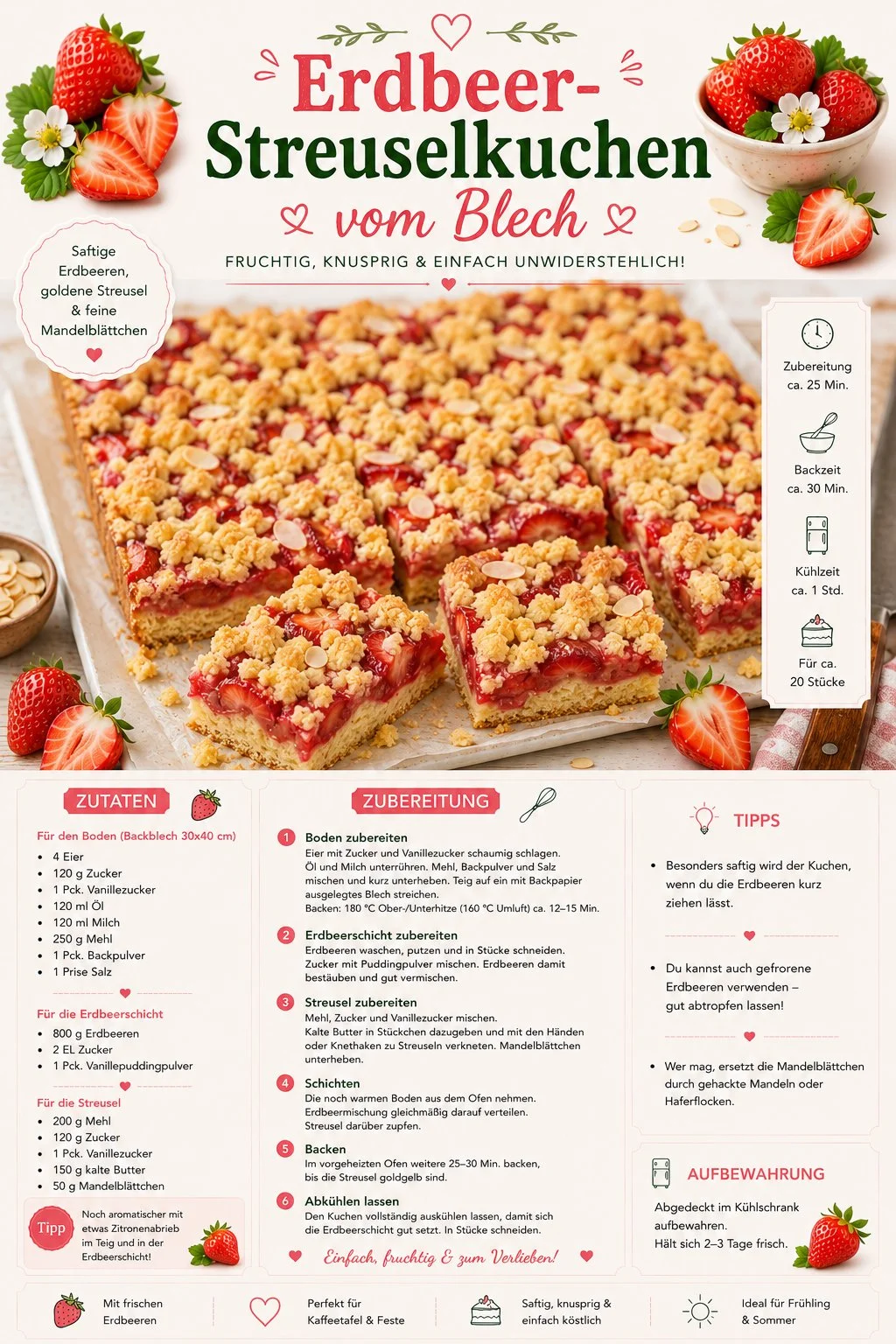 Erdbeer-Streuselkuchen vom Blech mit Mandeln auf einem Teller
