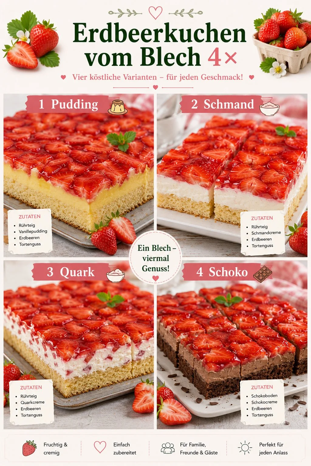 Erdbeerkuchen vom Blech mit frischen Erdbeeren und Sahne dekoriert