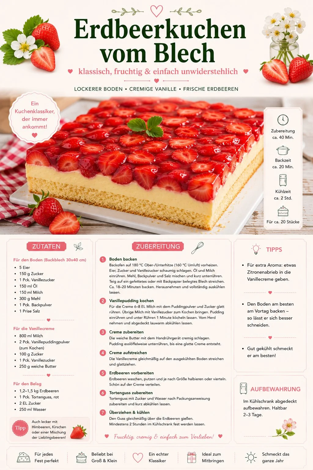 Erdbeerkuchen vom Blech mit Vanillepudding und frischen Erdbeeren auf einem Teller