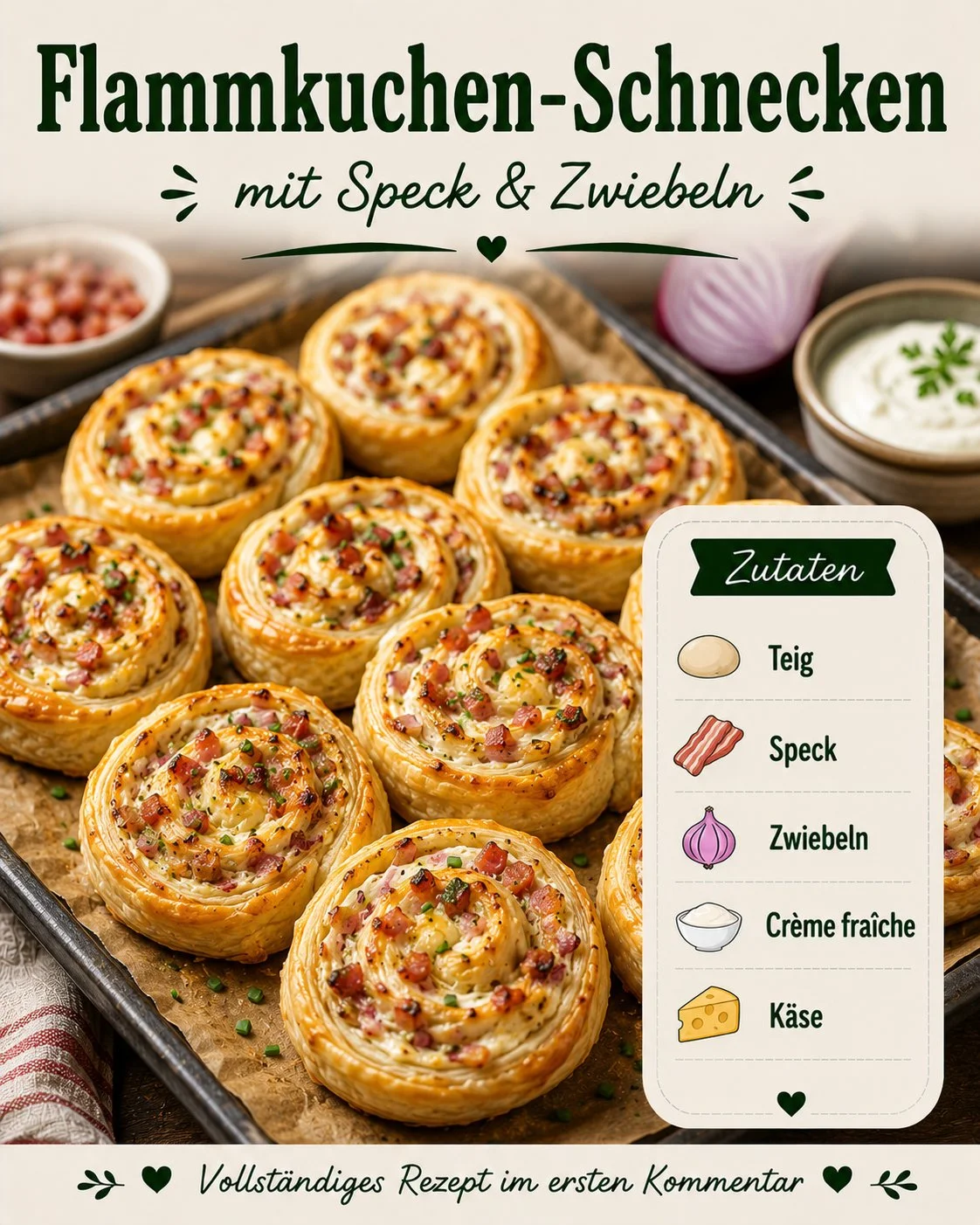 Leckere Flammkuchen-Schnecken mit Speck und Zwiebeln auf einem Teller