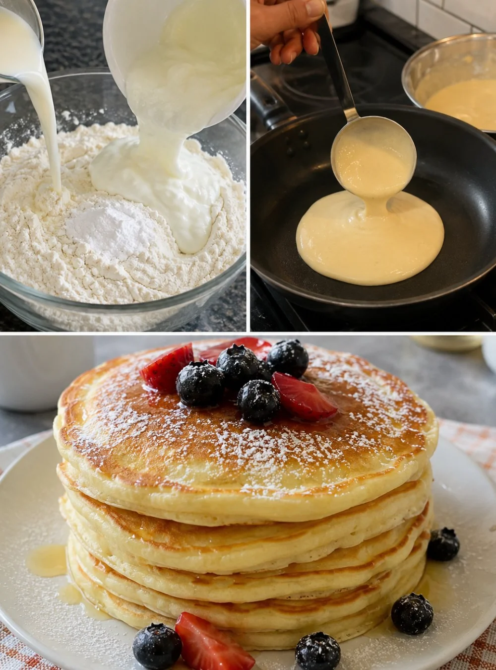 Flauschige Pfannkuchen auf einem Teller serviert, ideal für Frühstück oder Brunch.