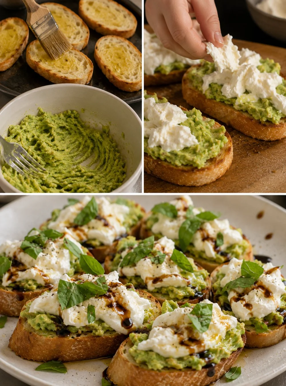 Frische Avocado-Burrata-Bruschetta auf geröstetem Brot mit Kräutern