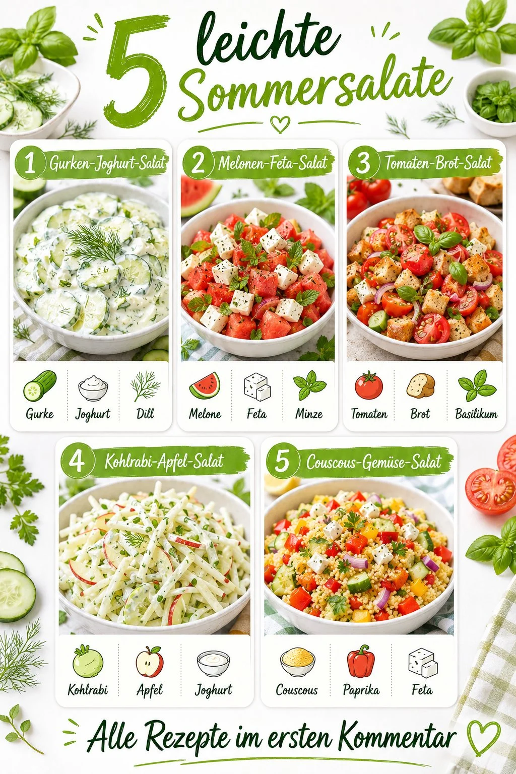 Erfrischende Sommersalate für heiße Tage auf einem Tisch serviert.