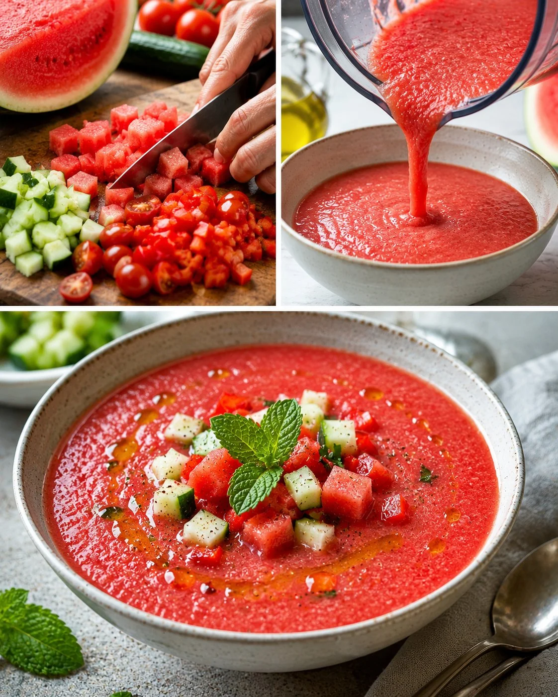 Erfrischende Gazpacho aus Wassermelone in einer Schüssel, garniert mit frischen Kräutern.