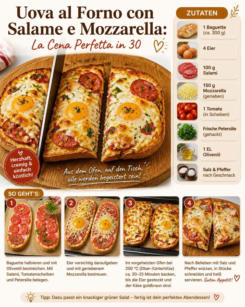 Gebackene Eier mit Salami und Mozzarella auf einem Teller