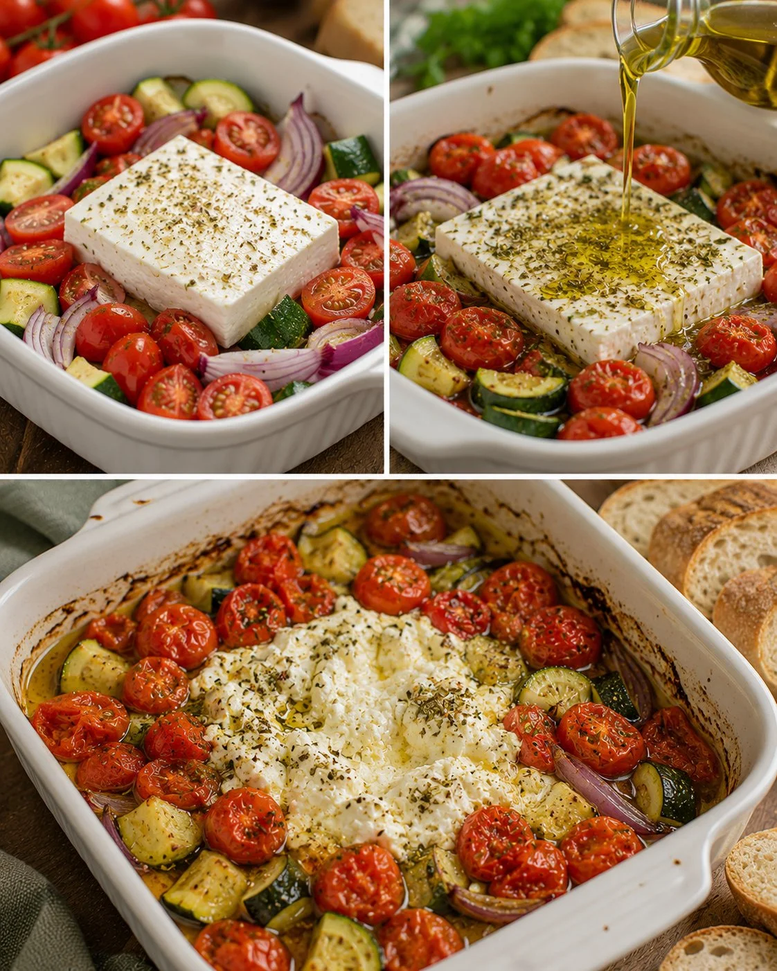 Gebackener Feta mit Tomaten und Zucchini auf einem Teller