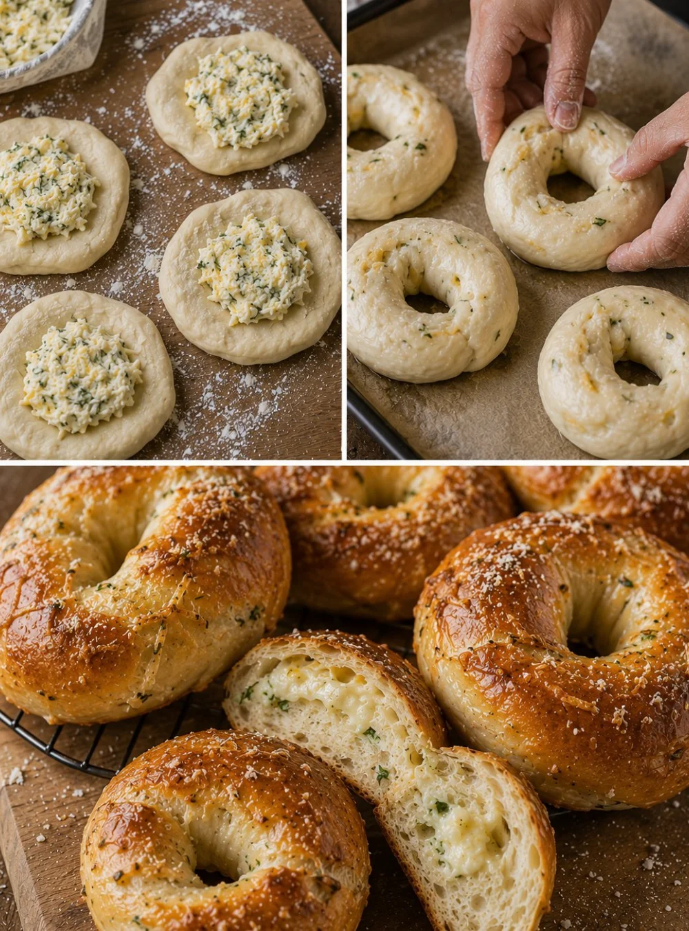 Gefüllte Brezelbagels mit Käse und Kräutern auf einem Holzbrett serviert.