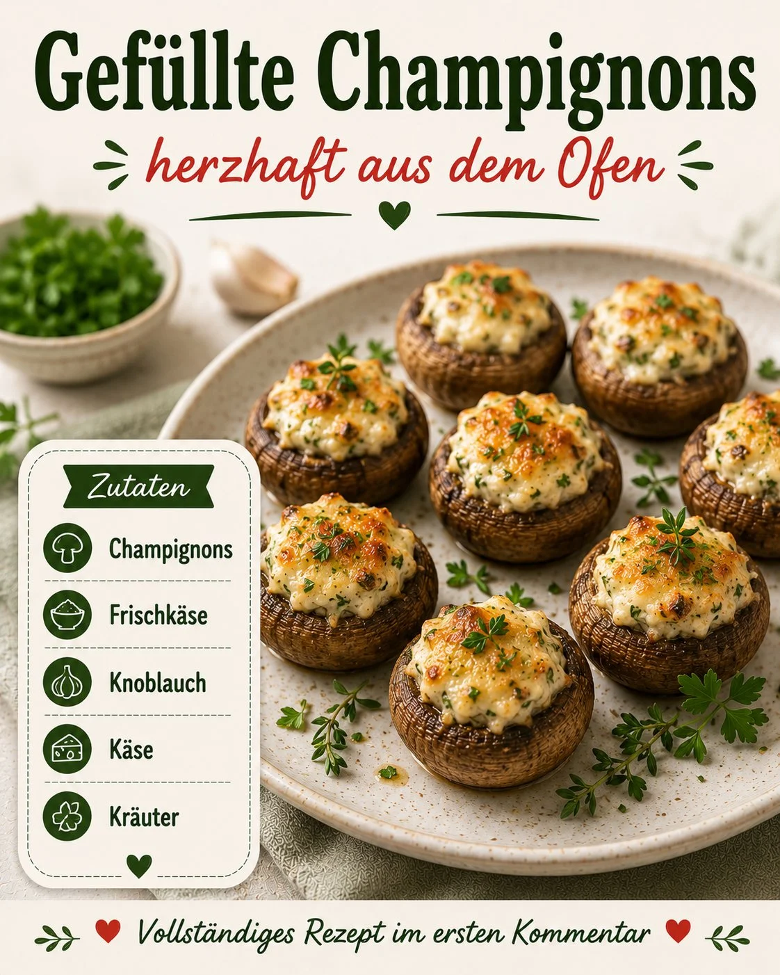 Gefüllte Champignons mit Frischkäse auf einem Teller, lecker und appetitlich