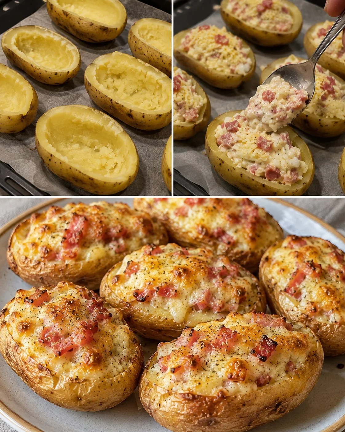 Gefüllte Kartoffeln im Flammkuchenstil auf einem Teller serviert.