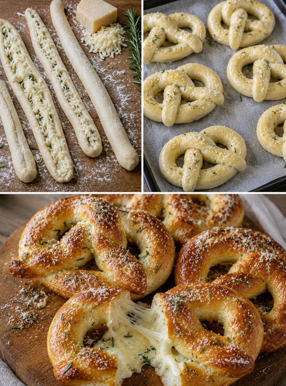 Gefüllte Mozzarella-Rosmarin-Weichbrezeln mit Parmesan auf einem Holzbrett.