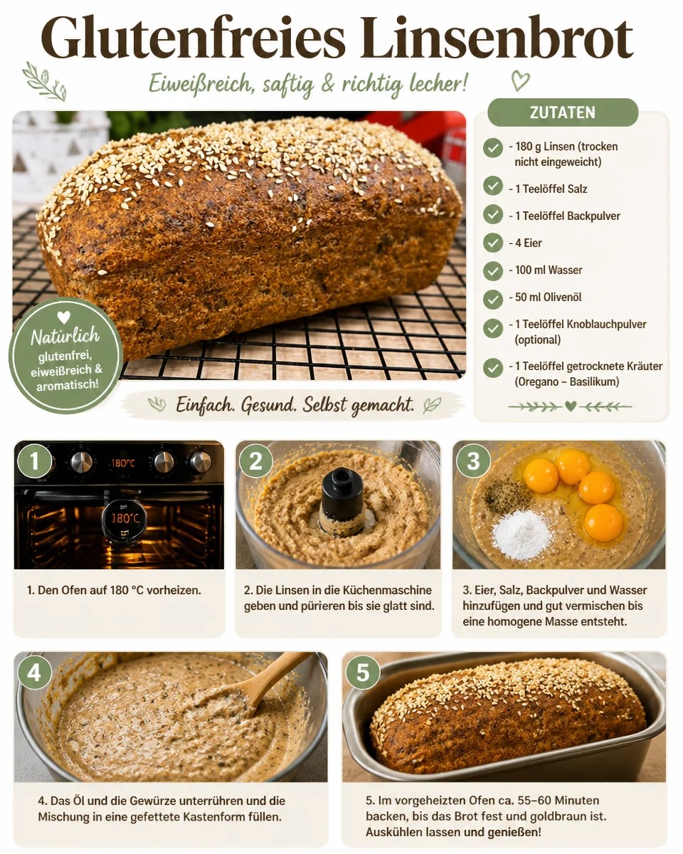 Glutenfreies Linsenbrot frisch gebacken auf einem Holzbrett