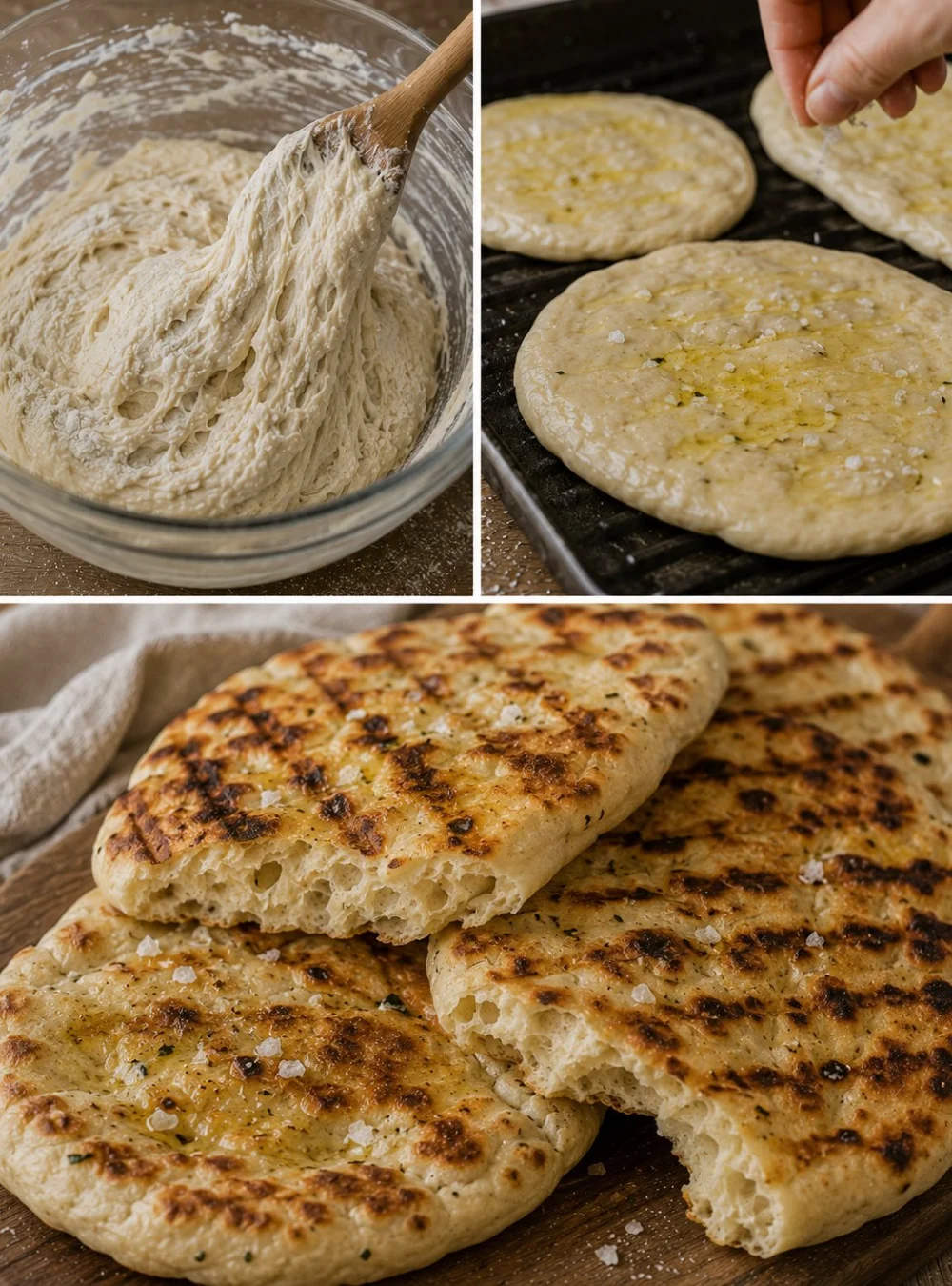 Einfaches Grillbrot mit Olivenöl und Meersalz auf einem rustikalen Holzbrett