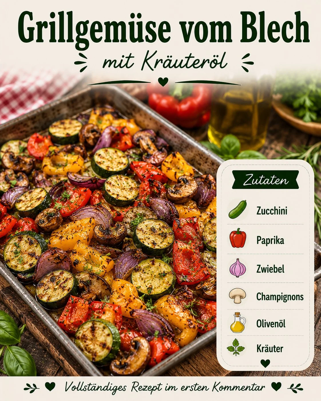 Leckeres Grillgemüse vom Blech mit Kräuteröl auf einem Grillteller