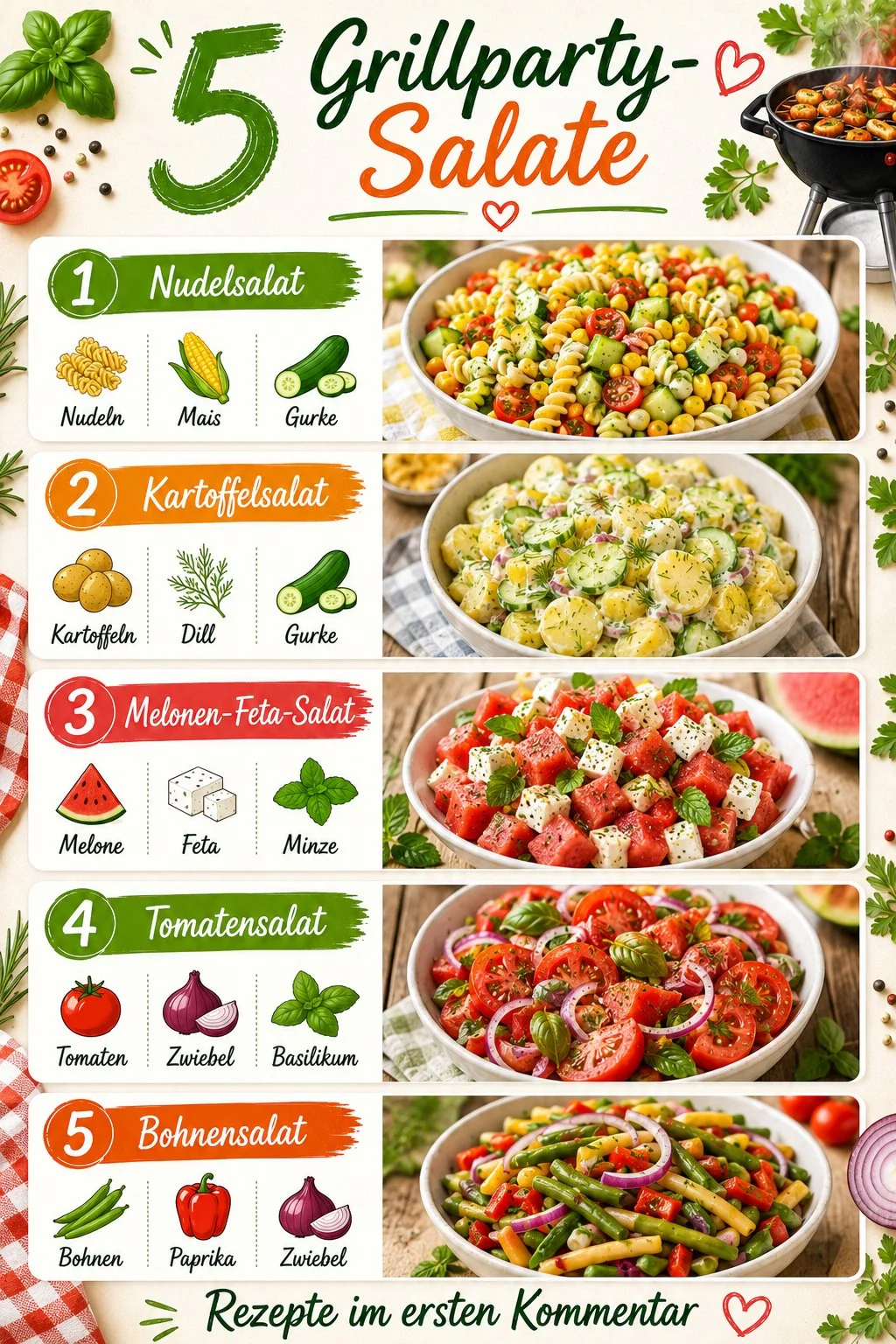 Bunte Grillparty-Salate präsentiert in einer Sommerdekoration