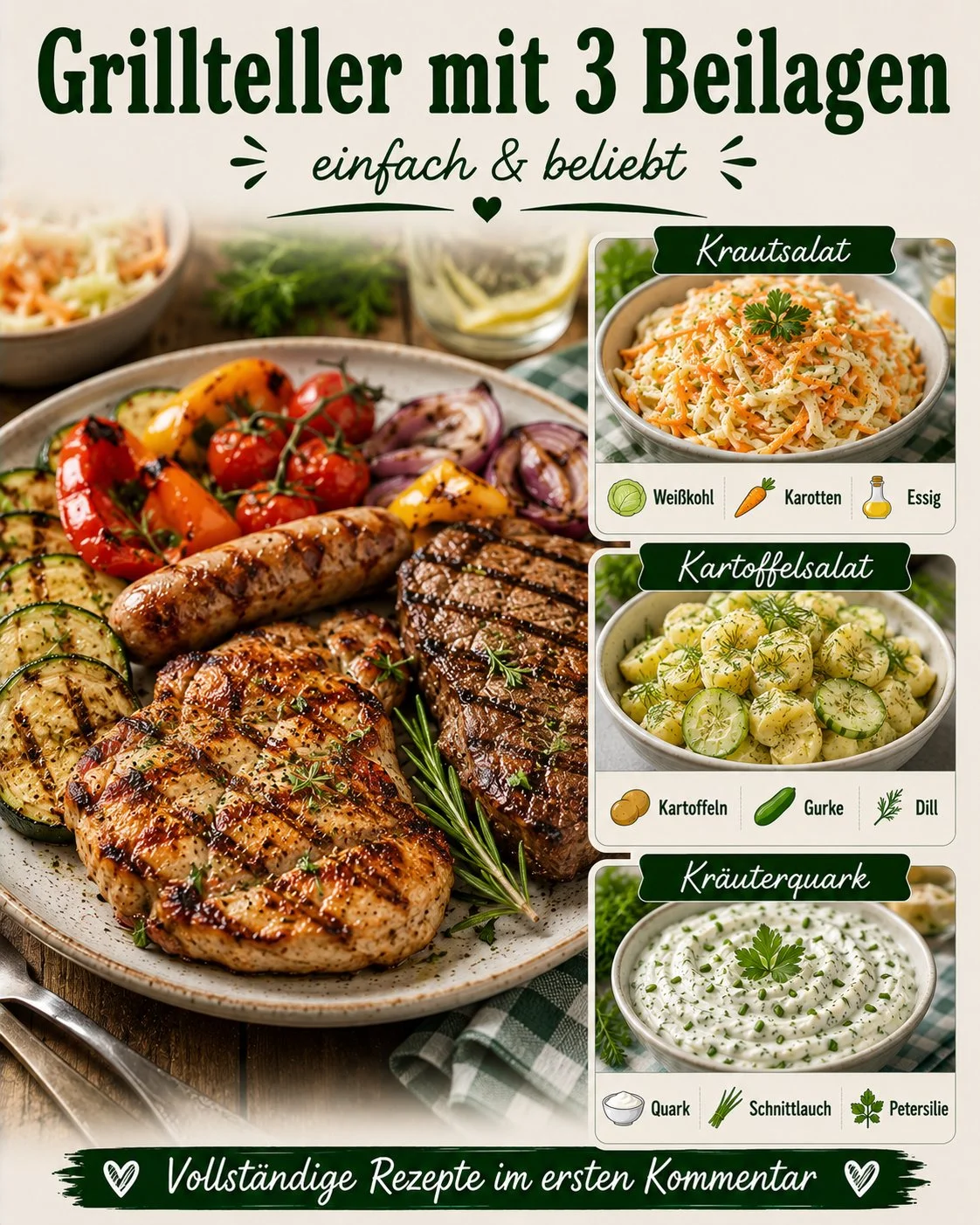 Leckerer Grillteller mit drei Beilagen und Steak auf dem Grill