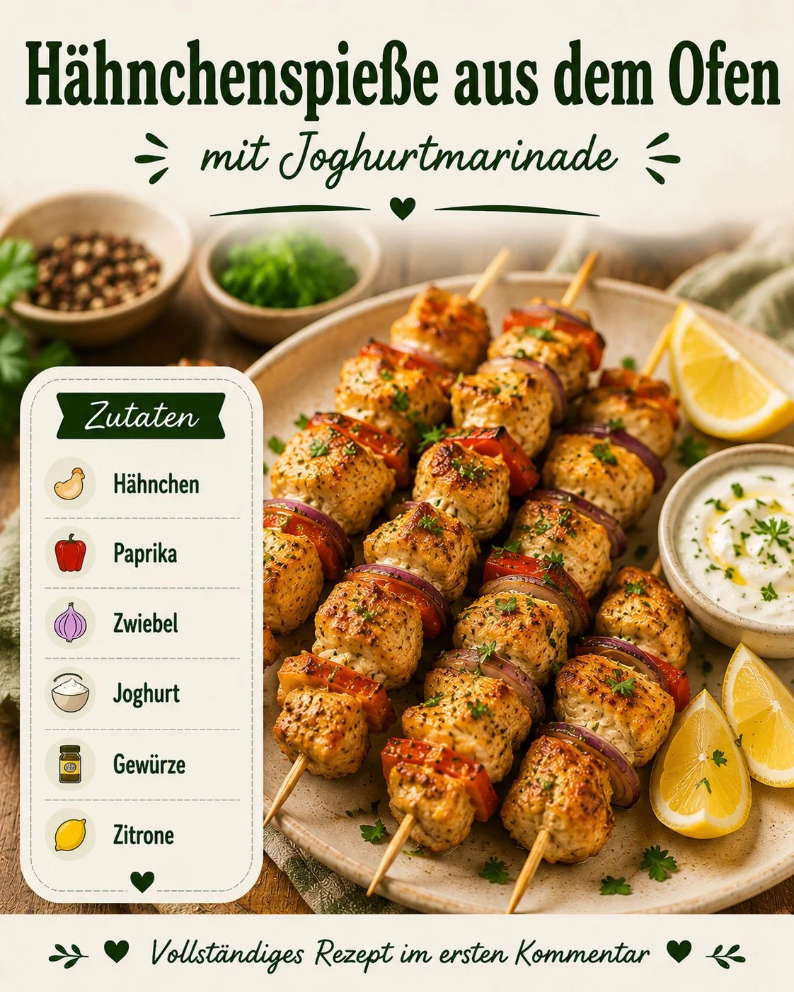 Leckere Hähnchenspieße aus dem Ofen mit Joghurtmarinade auf einem Teller