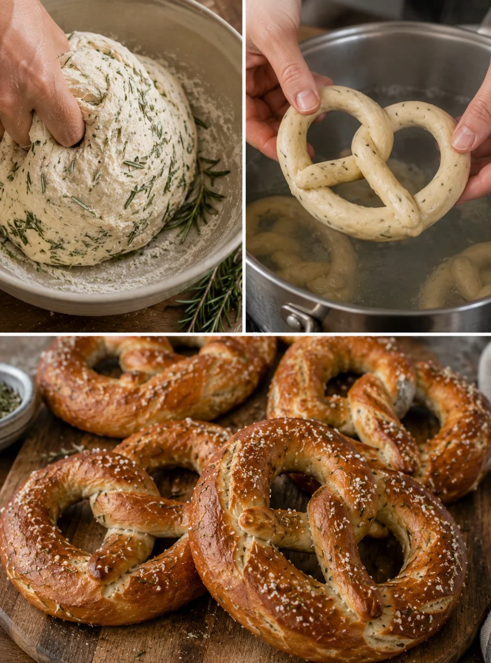 Hausgemachte Rosmarin-Soft-Pretzels frisch gebacken mit Kräutern